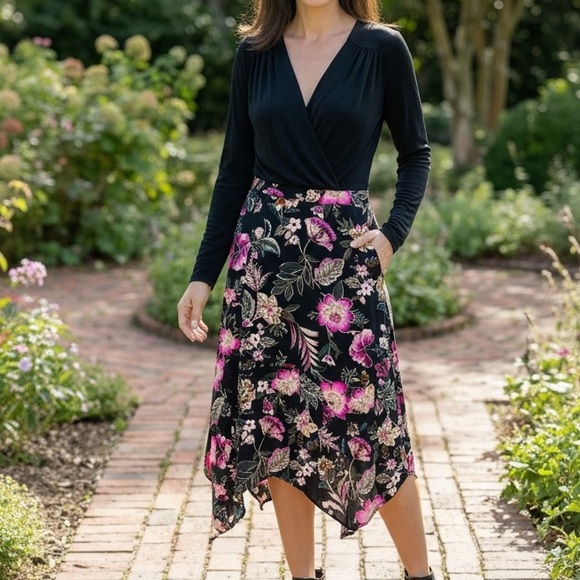 Jessica Simpson Dresses & Skirts - Jessica Simpson Black Floral Asymmetrical Handkerchief Hem Skirt - Pink Floral